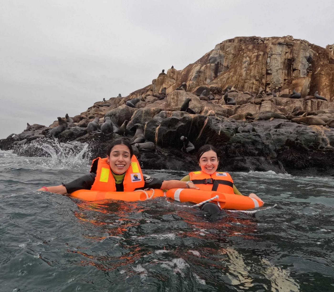 Dos viajeras con chalecos naranjas junto a los lobos marinos de las Islas Palomino