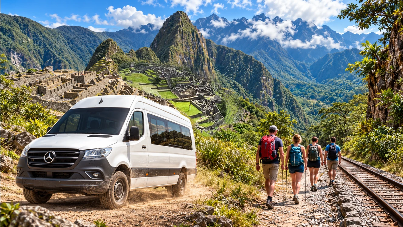 Composición de Machu Picchu con una van turística y cuatro viajeros caminando junto a las vías del tren