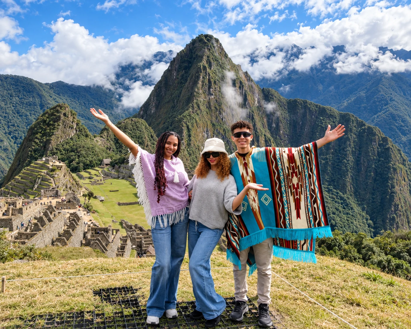 Tres viajeros frente a la ciudadela de Machu Picchu