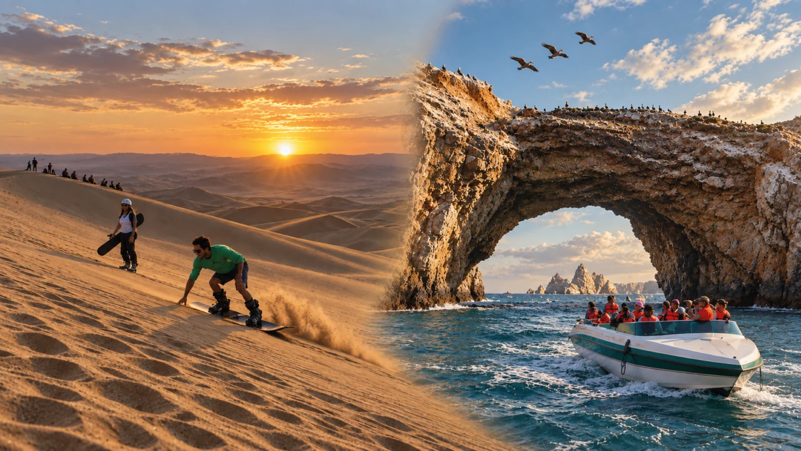 Sandboard en las dunas de Huacachina al atardecer y paseo en lancha junto a un arco rocoso de Paracas