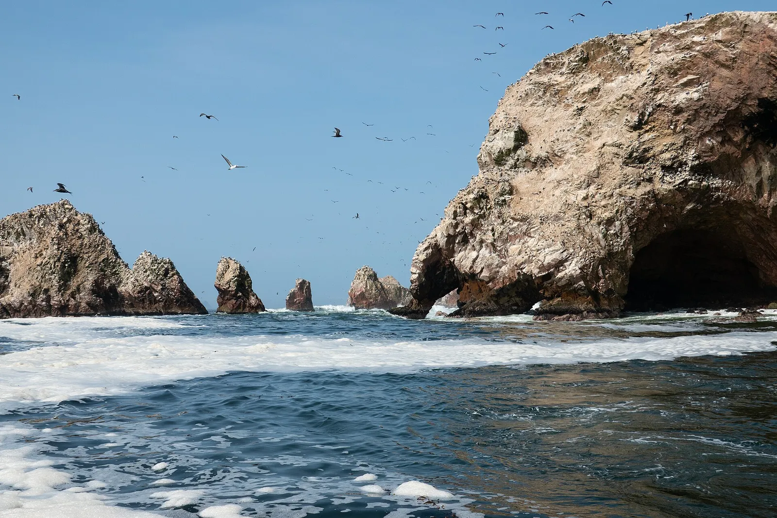 Formaciones rocosas y aves de las Islas Ballestas vistas desde el mar