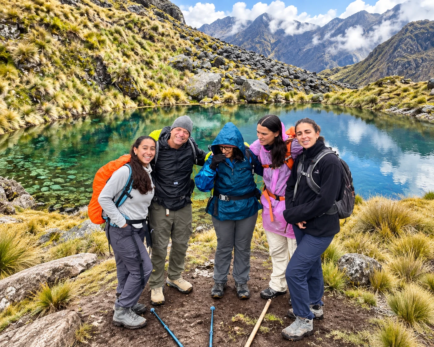 Cinco viajeros junto a una laguna del circuito de las 7 Lagunas de Ausangate