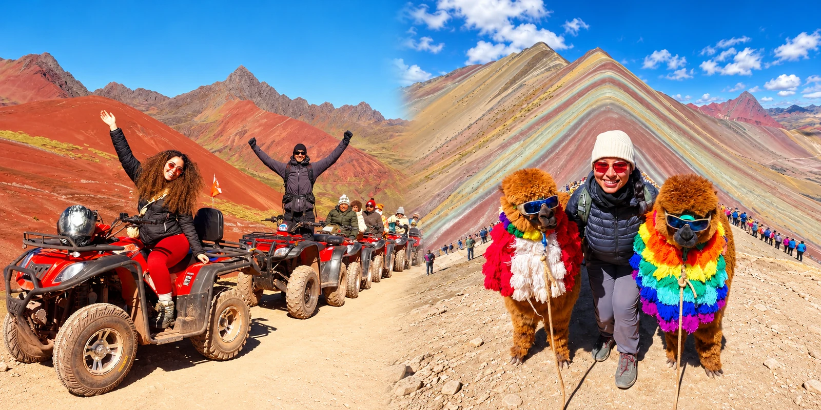 Viajeros en cuatrimotos entre las laderas del Valle Rojo y una viajera con dos alpacas frente a la montaña Vinicunca